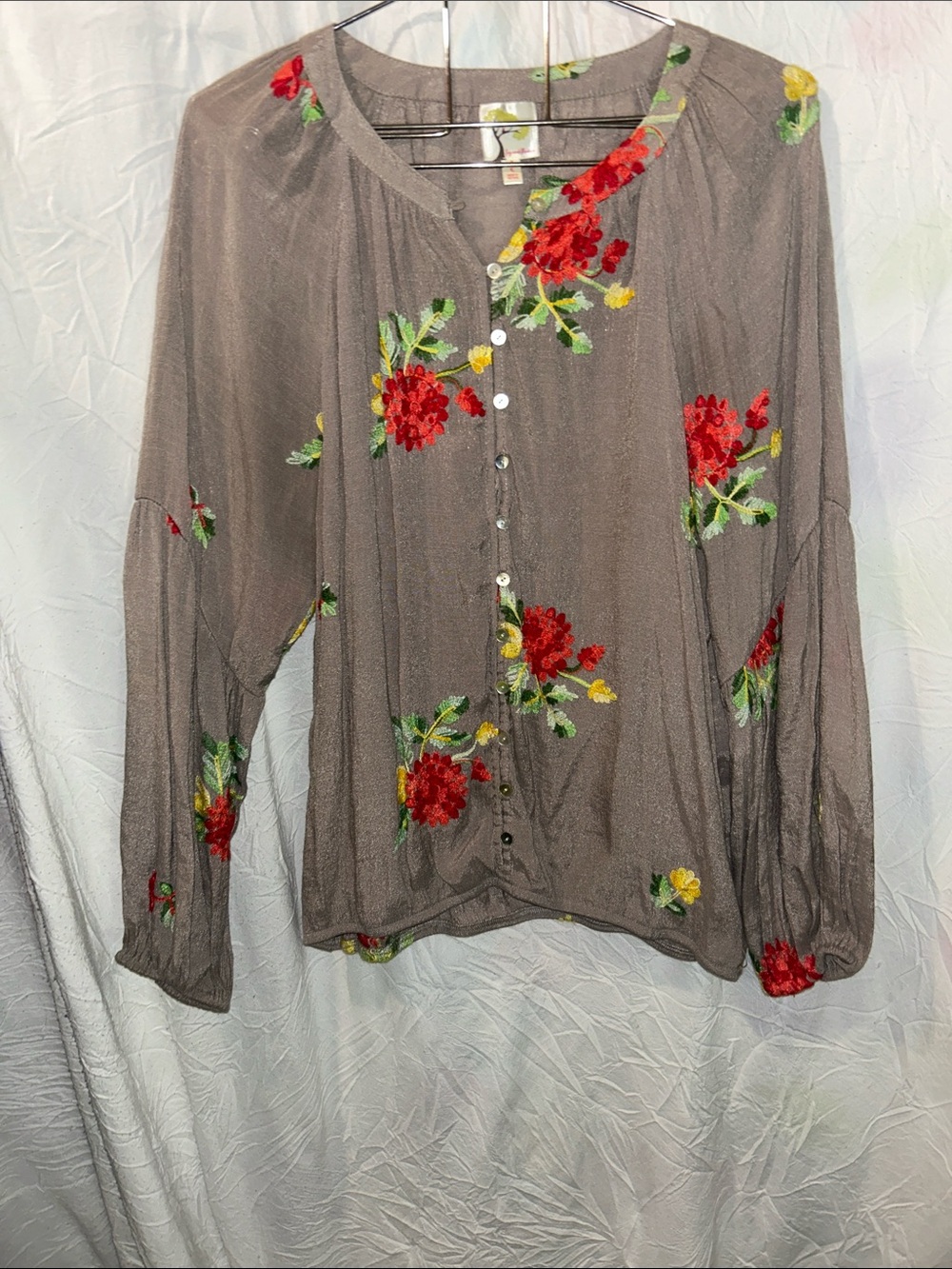 ANTHfig and flower Taupe Button-Front Blouse with Red & Yellow Floral Embroidery